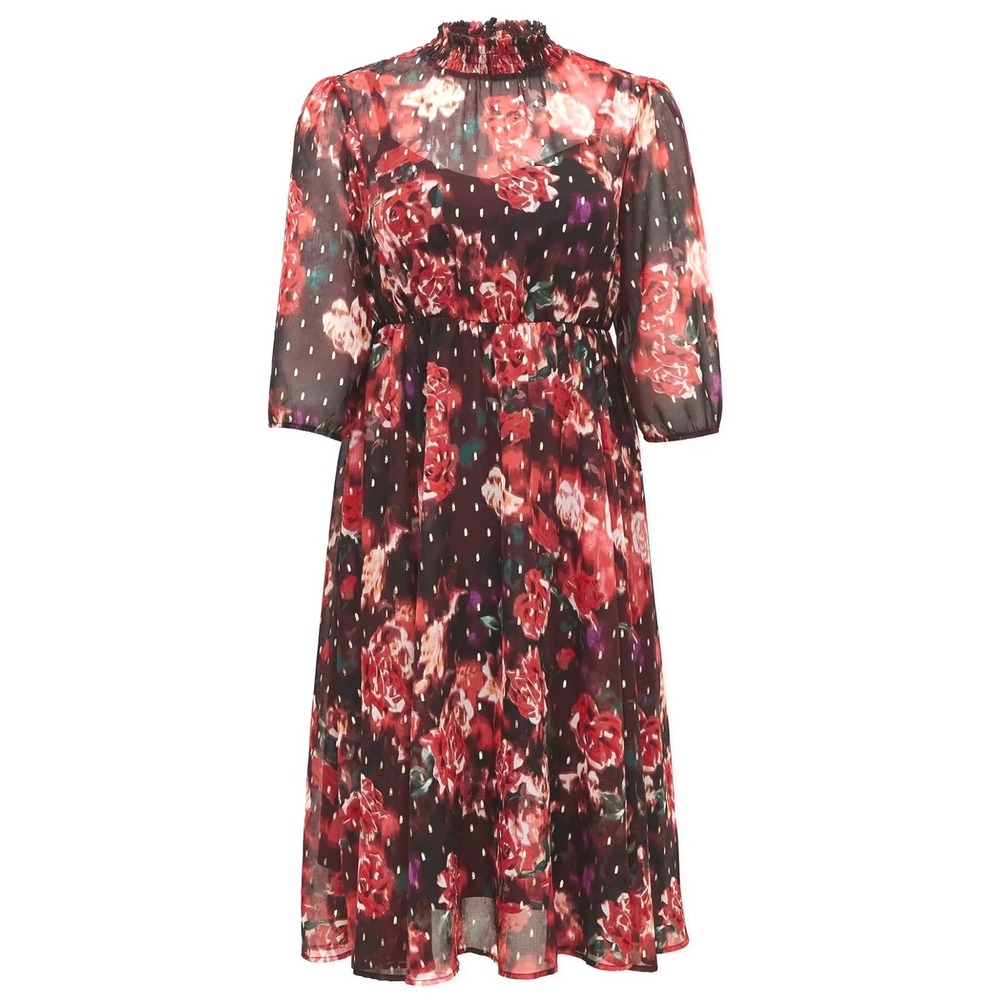 Torrid Chiffon Dress Plus 1X Floral Print Mock Neck Smocked Waist Midi Burgundy - Picture 3 of 8